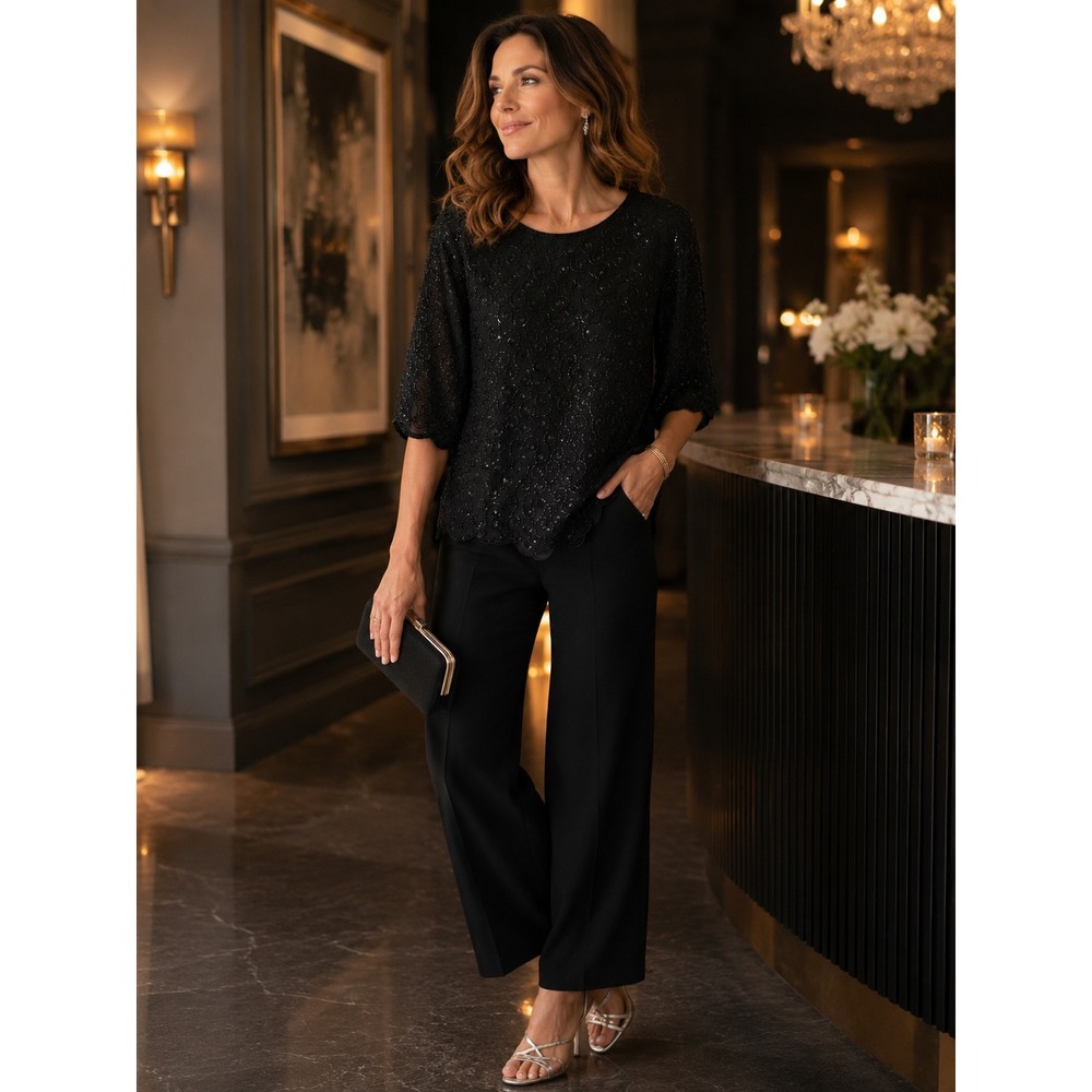 Vintage Style Black Silk Beaded Sequin Blouse Top XL Scalloped Cocktail Evening